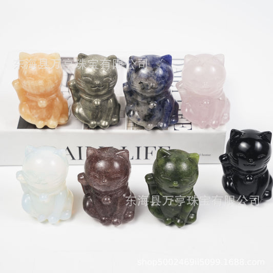 5.5cm卡通招财猫天然水晶雕刻件摆手猫跨境创意摆件办公家居批发