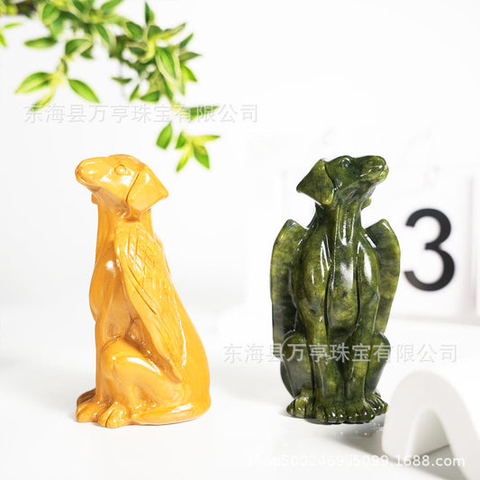 天然宝石玉石水晶翅膀狗动物雕刻摆件手工艺品装饰跨境外贸批发