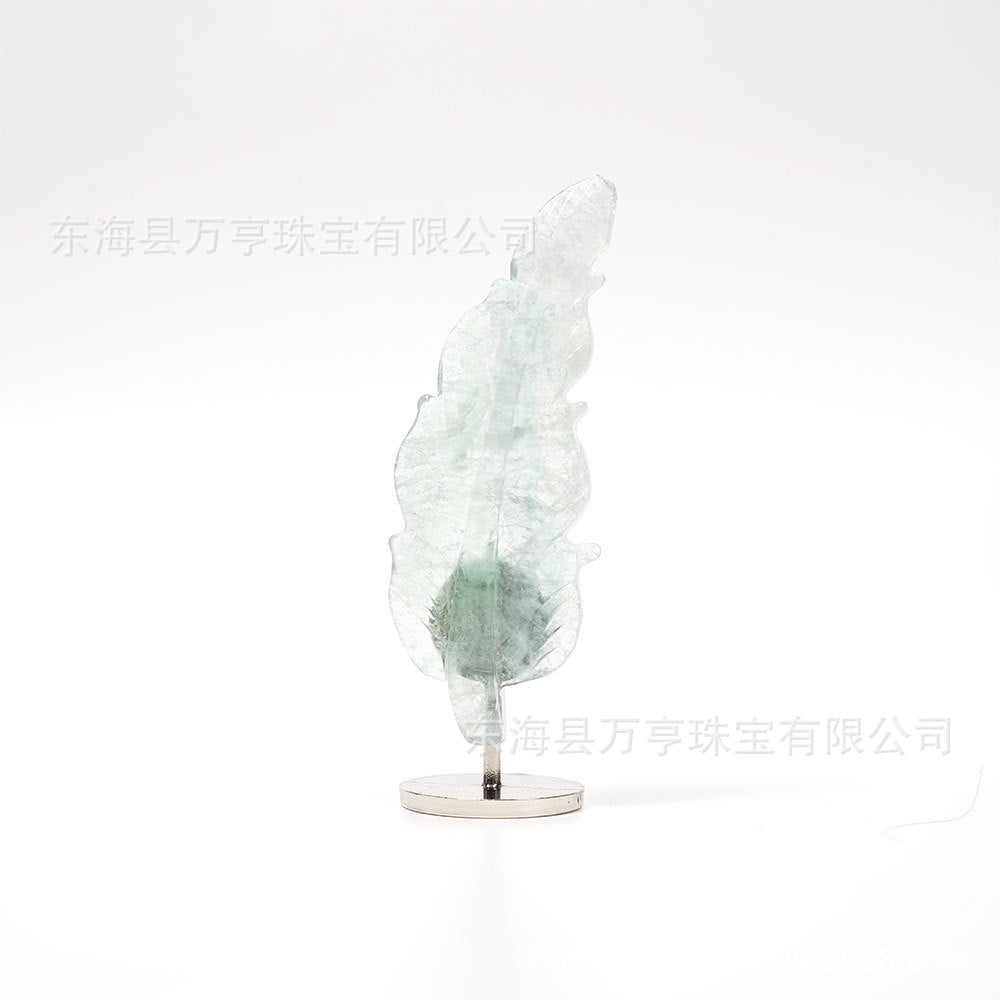 天然水晶羽毛摆件树叶雕刻件工艺品家居办公摆件水晶立体支架批发