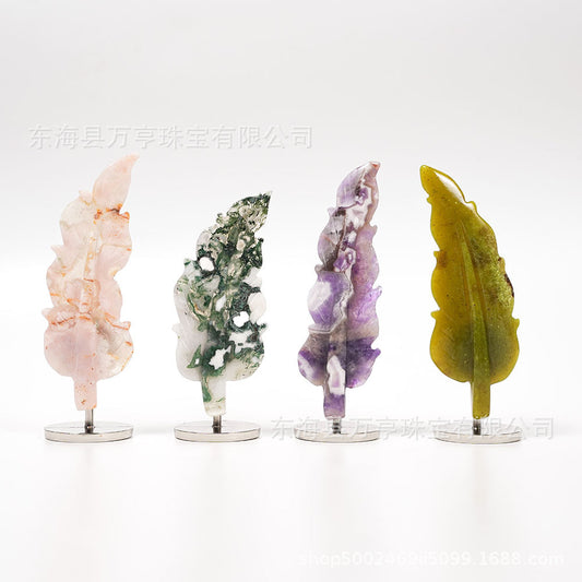 天然水晶羽毛摆件树叶雕刻件工艺品家居办公摆件水晶立体支架批发