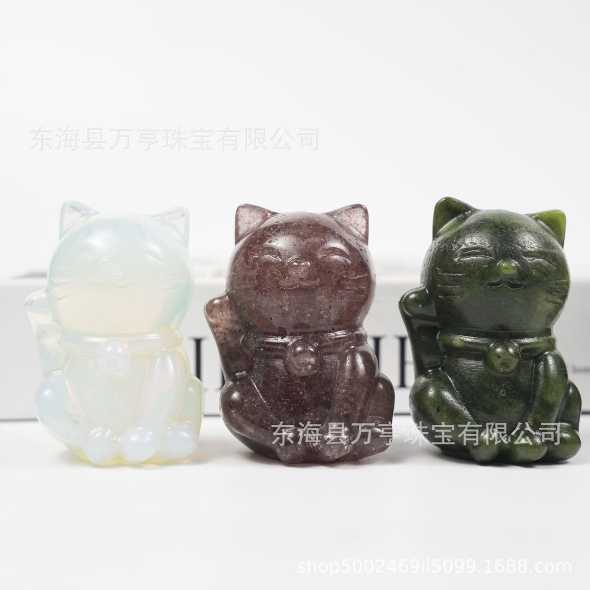 5.5cm卡通招财猫天然水晶雕刻件摆手猫跨境创意摆件办公家居批发