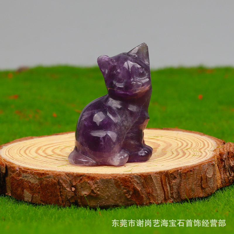 一寸半38mm天然水晶招财小猫咪雕刻件玉石家居桌面车载摆件装饰品