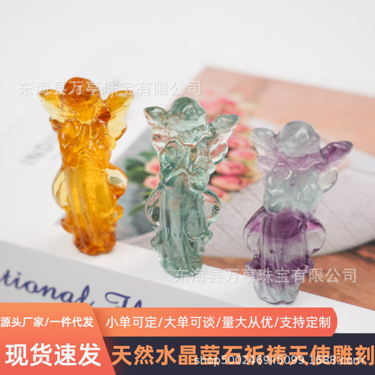 天然萤石祈祷少女祈祷天使水晶小天使手工雕刻件摆件源头厂家批发