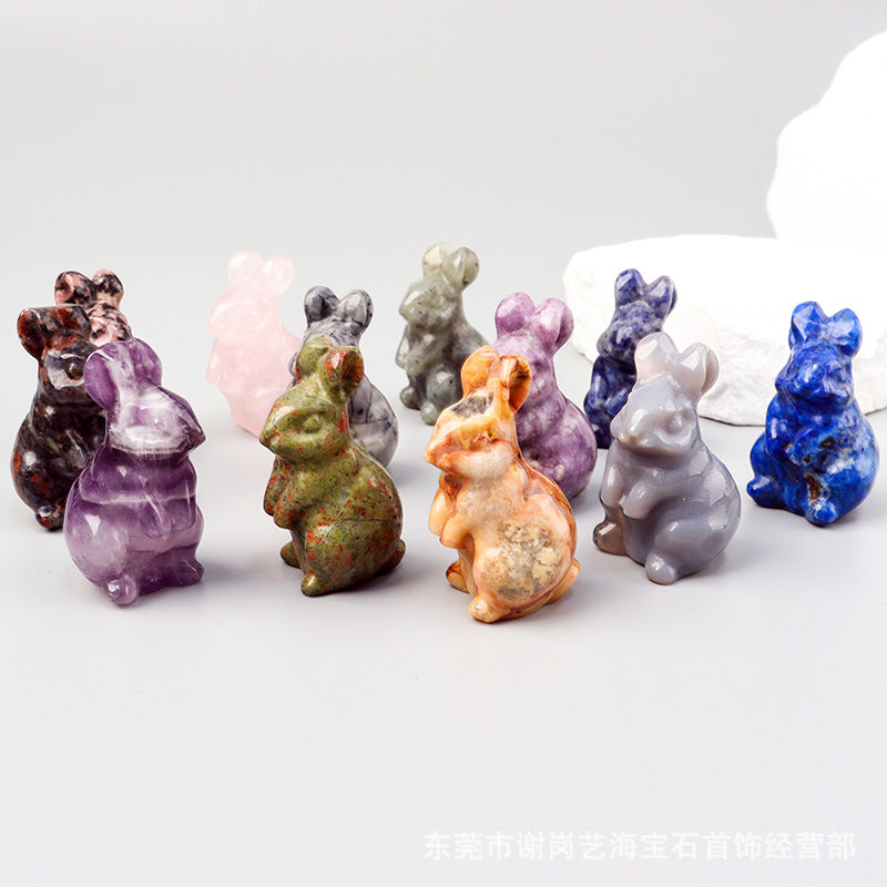跨境爆款天然水晶玉石1.5寸彼得兔手工雕刻兔子居家车载小摆件