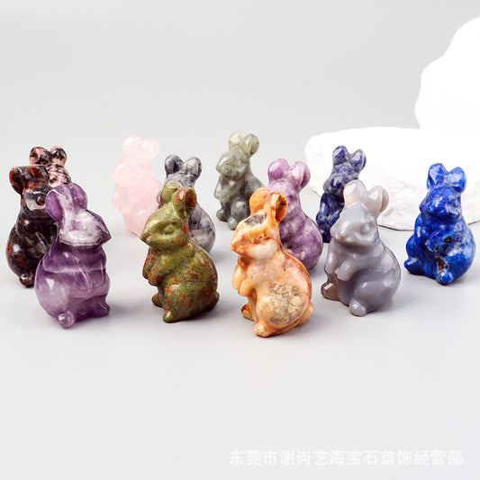 跨境爆款天然水晶玉石1.5寸彼得兔手工雕刻兔子居家车载小摆件