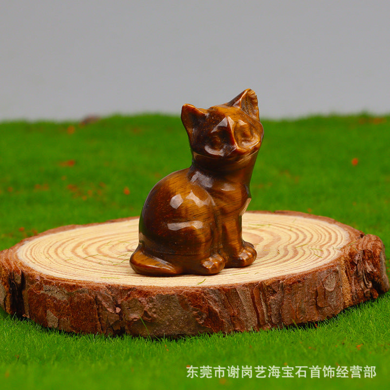 一寸半38mm天然水晶招财小猫咪雕刻件玉石家居桌面车载摆件装饰品