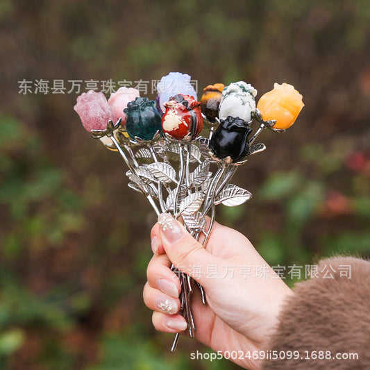 水晶玫瑰花半宝石七夕节情人节手捧花假花永生花插花婚庆伴手礼