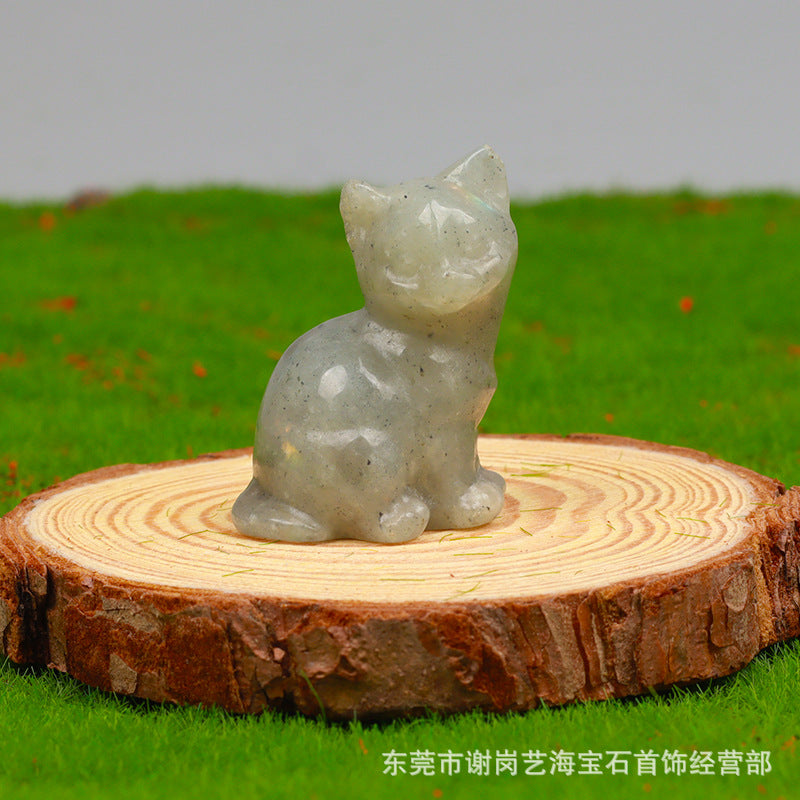 一寸半38mm天然水晶招财小猫咪雕刻件玉石家居桌面车载摆件装饰品