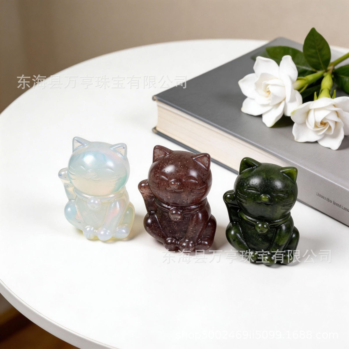5.5cm卡通招财猫天然水晶雕刻件摆手猫跨境创意摆件办公家居批发