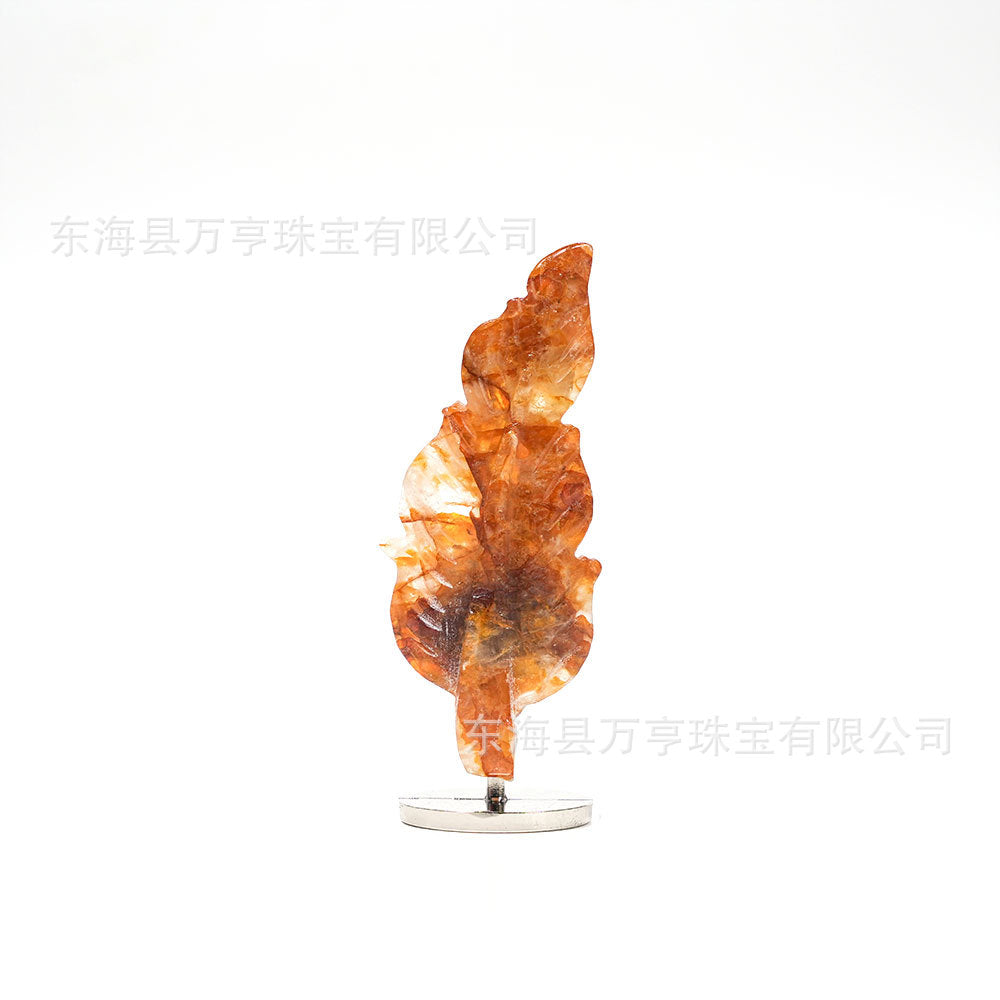 天然水晶羽毛摆件树叶雕刻件工艺品家居办公摆件水晶立体支架批发