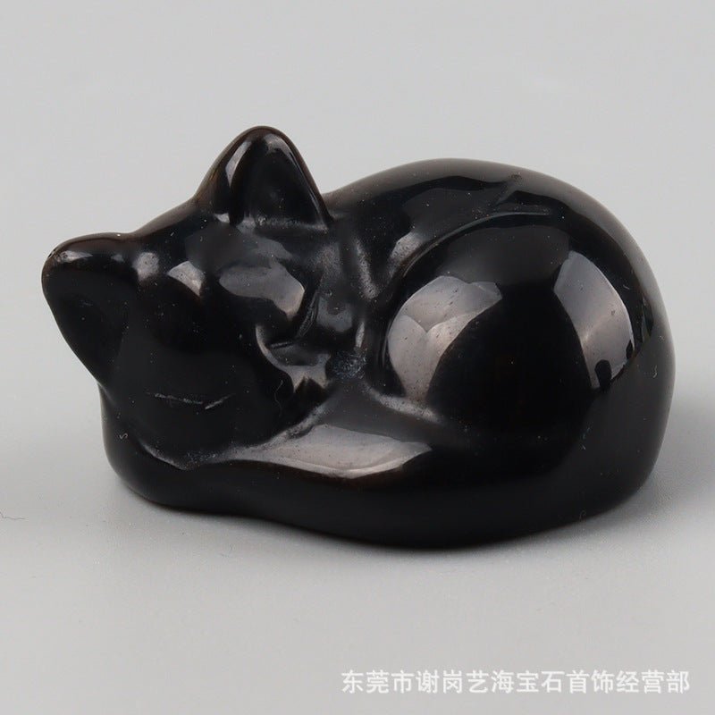 天然石睡猫厂家直销天然水晶玉石睡猫雕刻件半宝石一寸半38mm居家