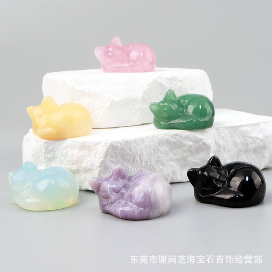 天然石睡猫厂家直销天然水晶玉石睡猫雕刻件半宝石一寸半38mm居家