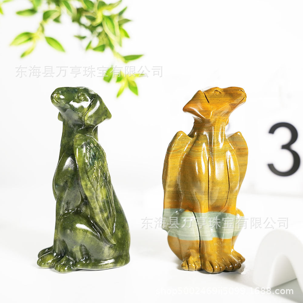 天然宝石玉石水晶翅膀狗动物雕刻摆件手工艺品装饰跨境外贸批发