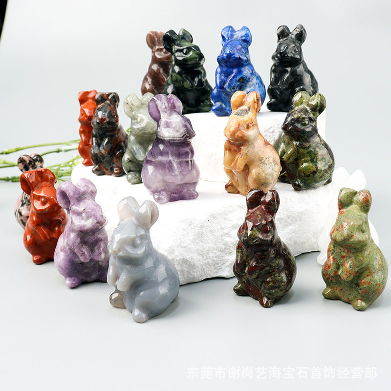 跨境爆款天然水晶玉石1.5寸彼得兔手工雕刻兔子居家车载小摆件