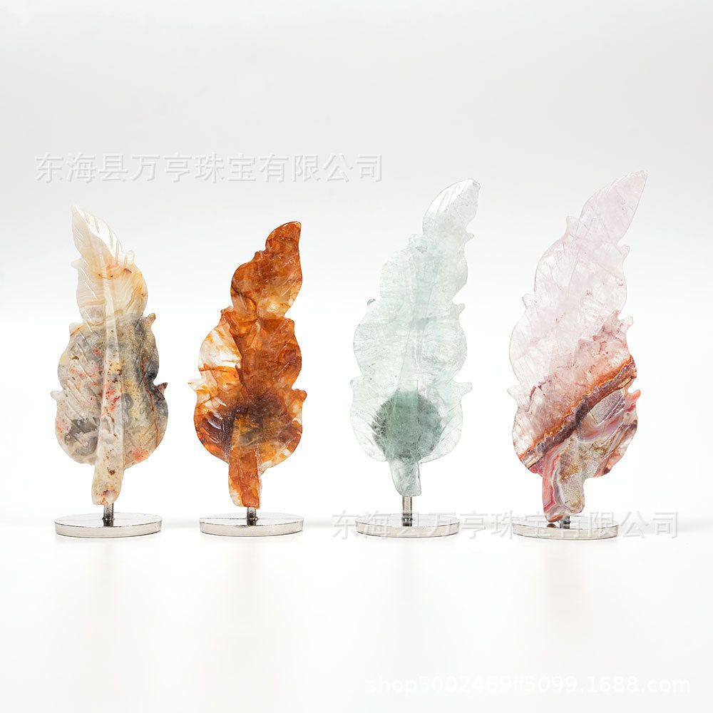 天然水晶羽毛摆件树叶雕刻件工艺品家居办公摆件水晶立体支架批发