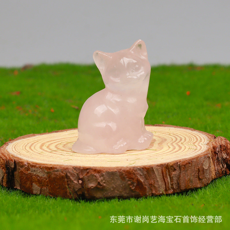 一寸半38mm天然水晶招财小猫咪雕刻件玉石家居桌面车载摆件装饰品