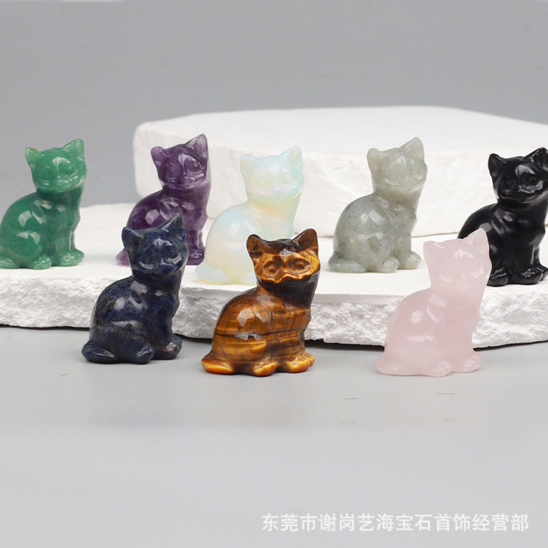 一寸半38mm天然水晶招财小猫咪雕刻件玉石家居桌面车载摆件装饰品