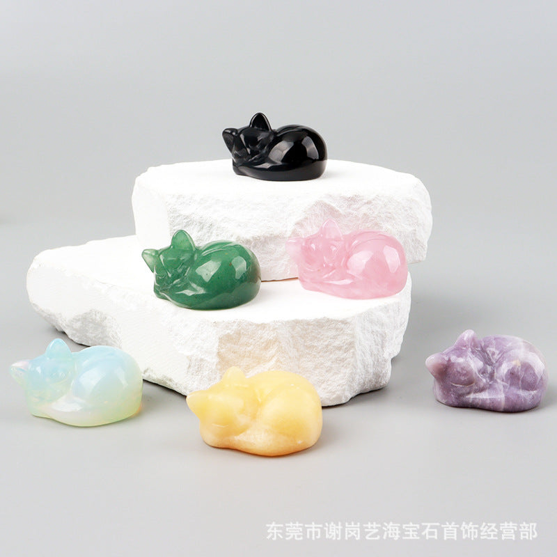 天然石睡猫厂家直销天然水晶玉石睡猫雕刻件半宝石一寸半38mm居家