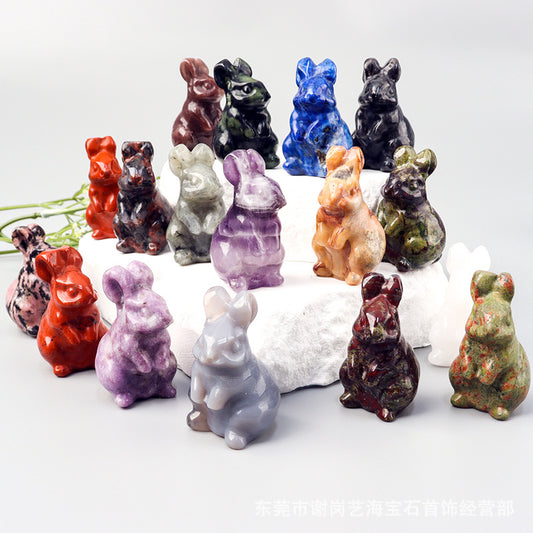 跨境爆款天然水晶玉石1.5寸彼得兔手工雕刻兔子居家车载小摆件